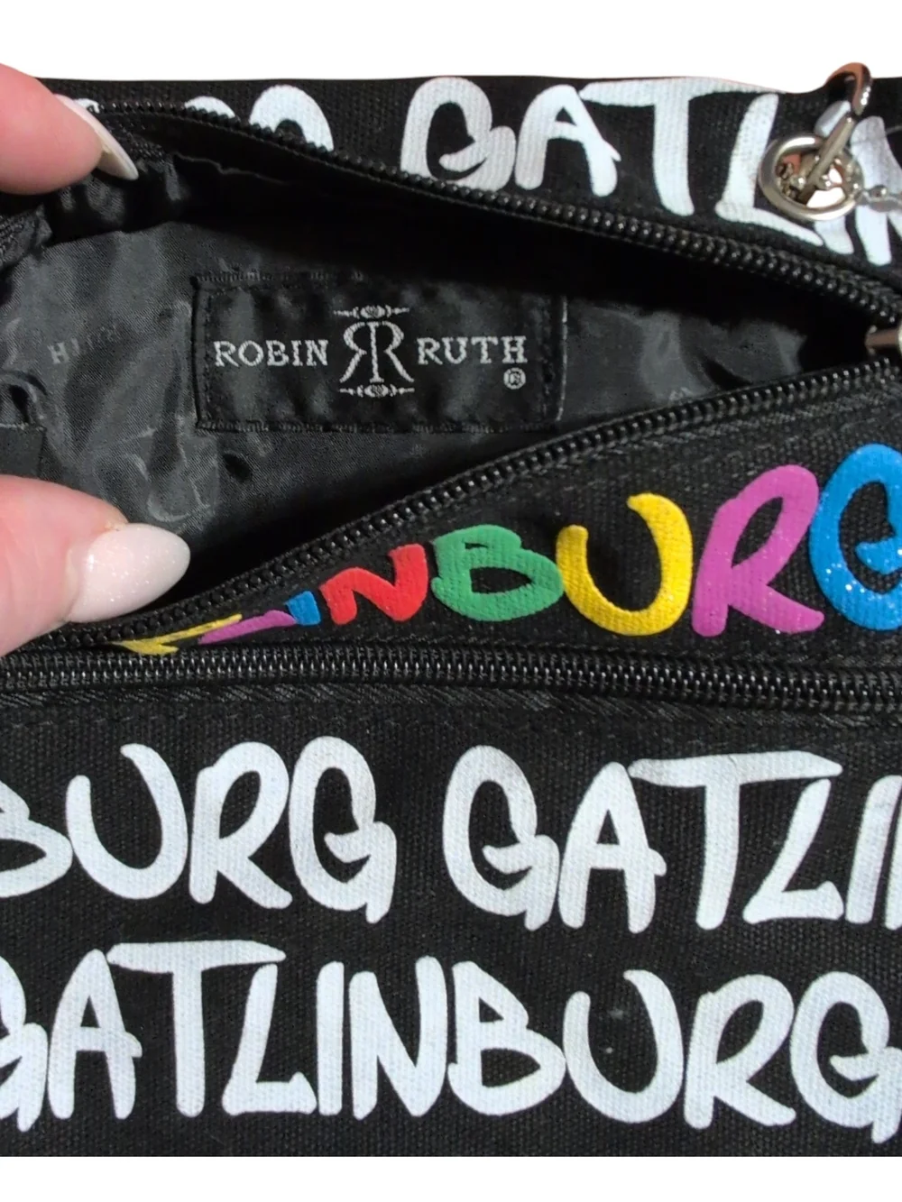 Robin Ruth Black/White Crossbody Bag with Multicolor Gatlinburg Accent